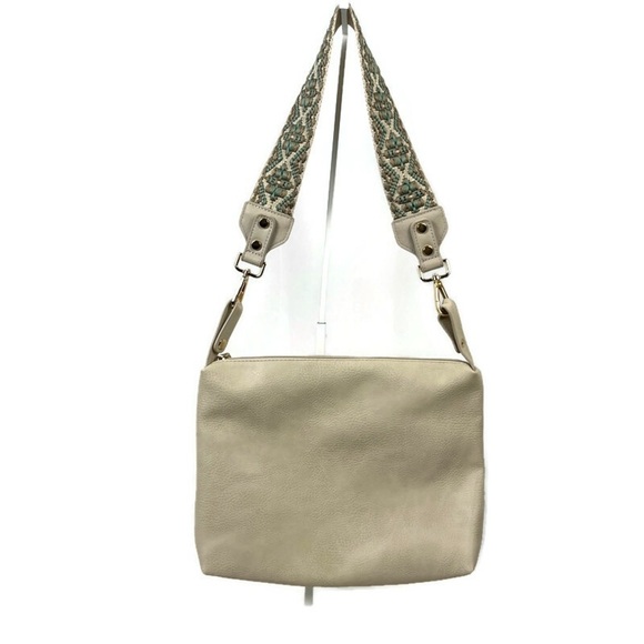 Vegan Leather Cream Shoulder/Crossbody Bag Green Brown Embroidered Woven Strap - Picture 1 of 7
